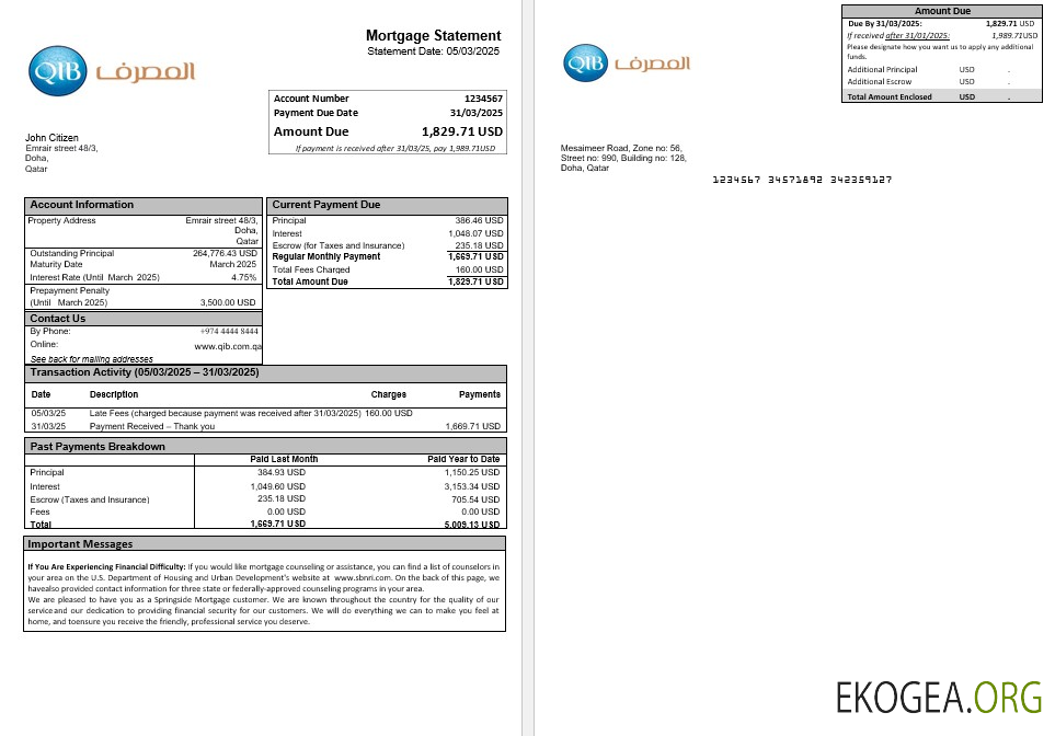 Relevé hypothécaire de la banque islamique du Qatar aux formats Word et PDF